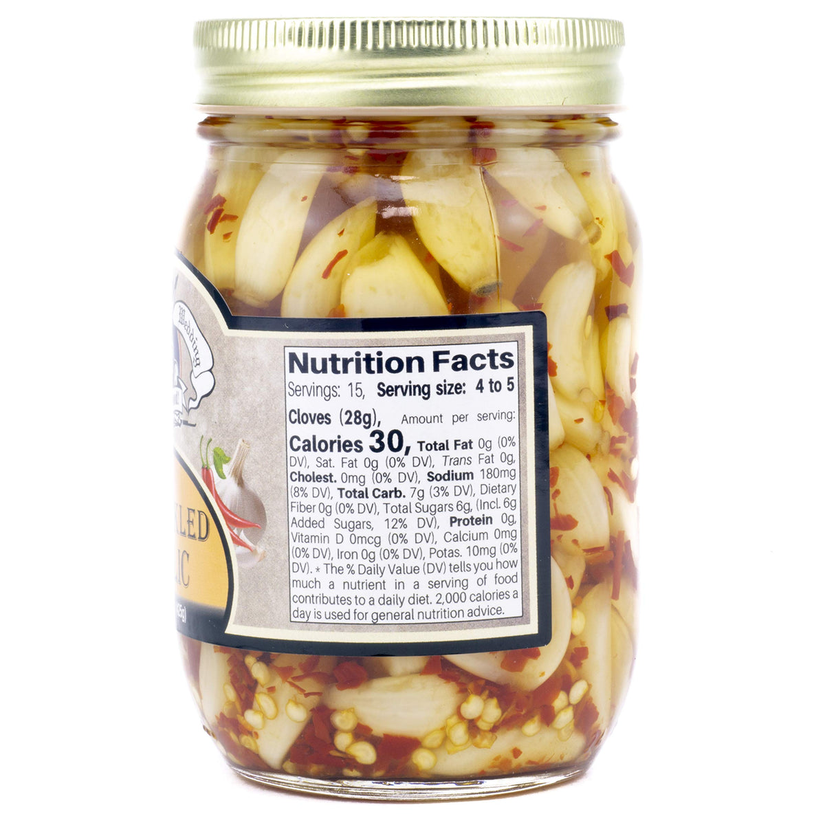 Amish Wedding hot pickled garlic close-up showing brine and peppery slices