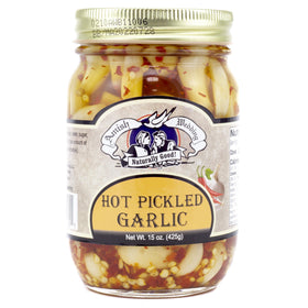 Amish Wedding hot pickled garlic two jars with label visible for pantry use
