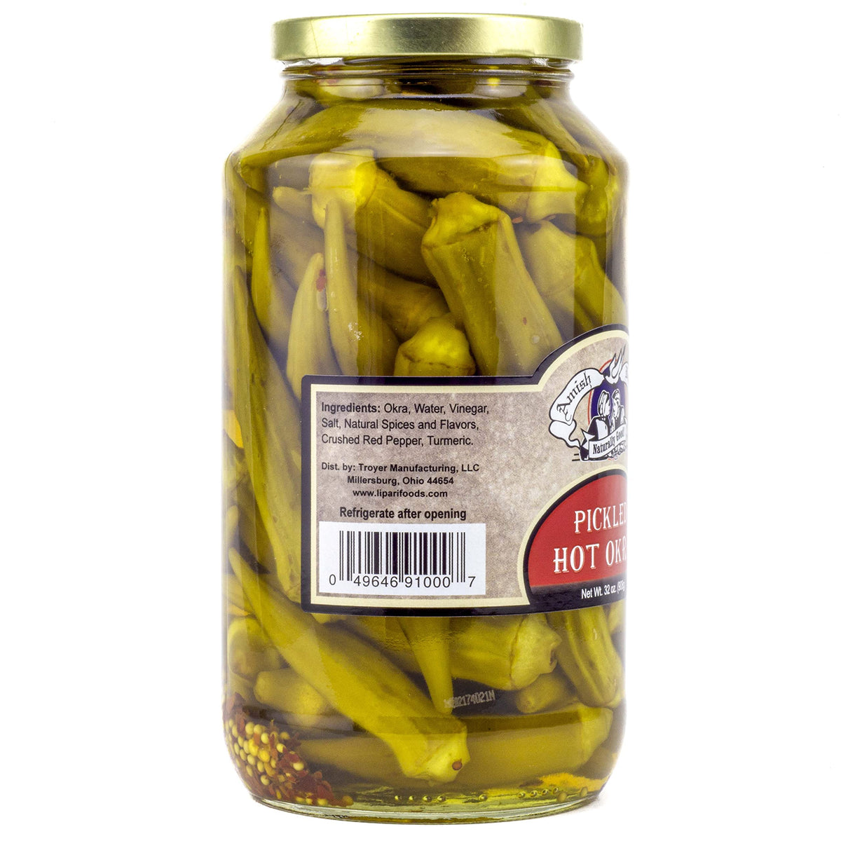 Amish Wedding hot pickled okra bottle closeup with rustic appeal