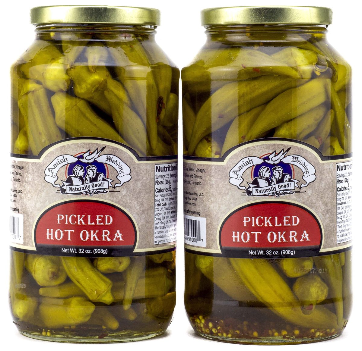 Amish Wedding hot pickled okra in jar with tangy crunch for snacking