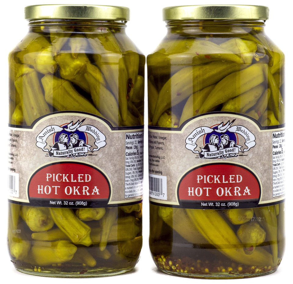 Amish Wedding hot pickled okra in jar with tangy crunch for snacking