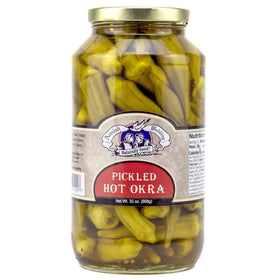 Amish Wedding hot pickled okra jar close-up showing bold heat and flavor