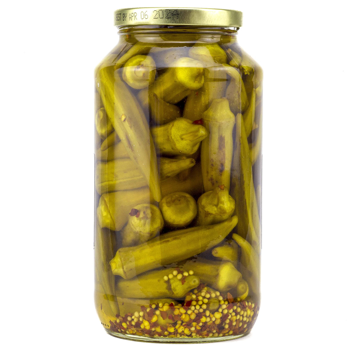 Amish Wedding hot pickled okra label closeup highlighting natural ingredients