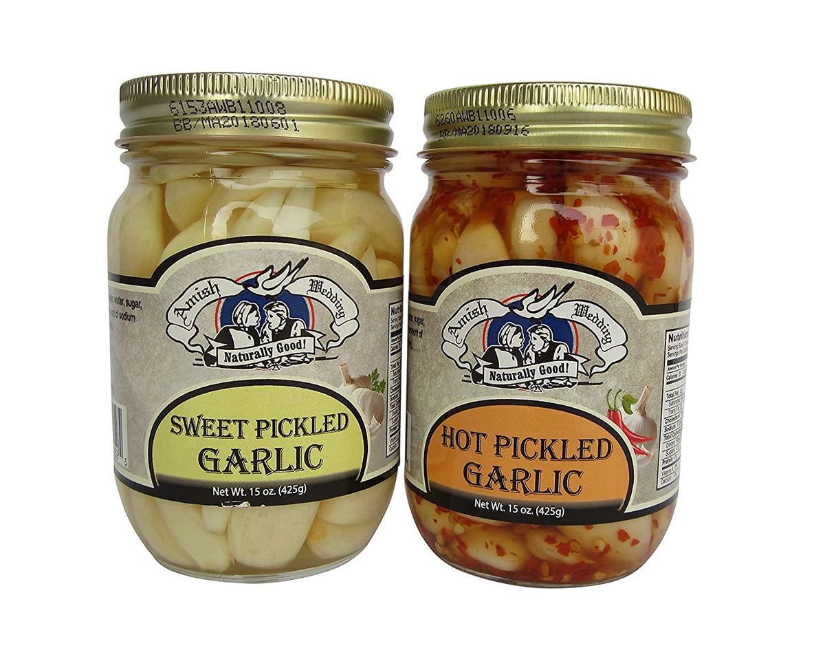 Amish Wedding hot and sweet pickled garlic jar front view, ideal for elevating snack platters.