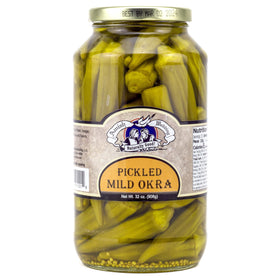 Amish Wedding Mild Pickled Okra bottle label close-up for pantry reference.