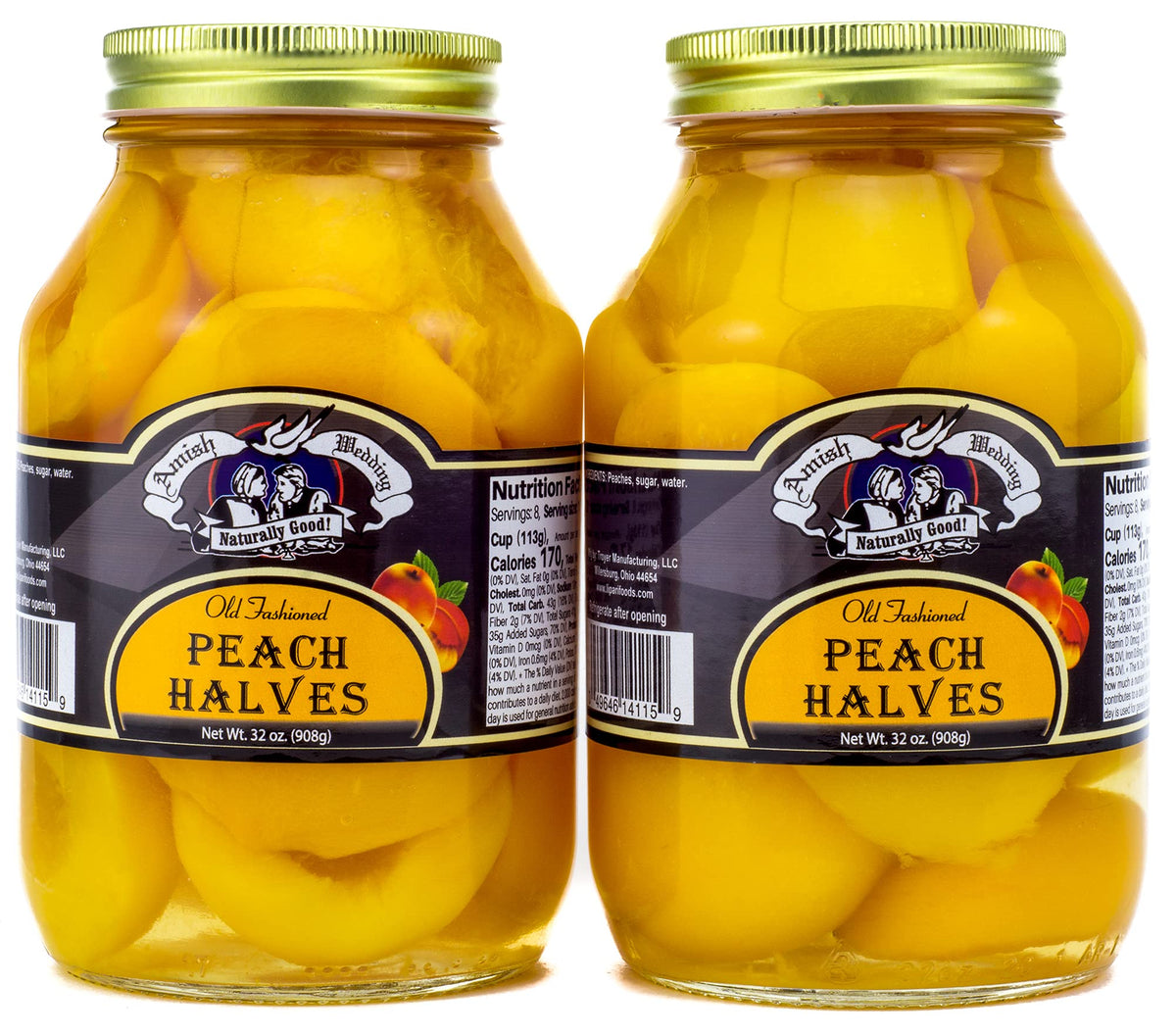 Amish Wedding peach halves in a jar, close-up showing golden, tender fruit in syrup.