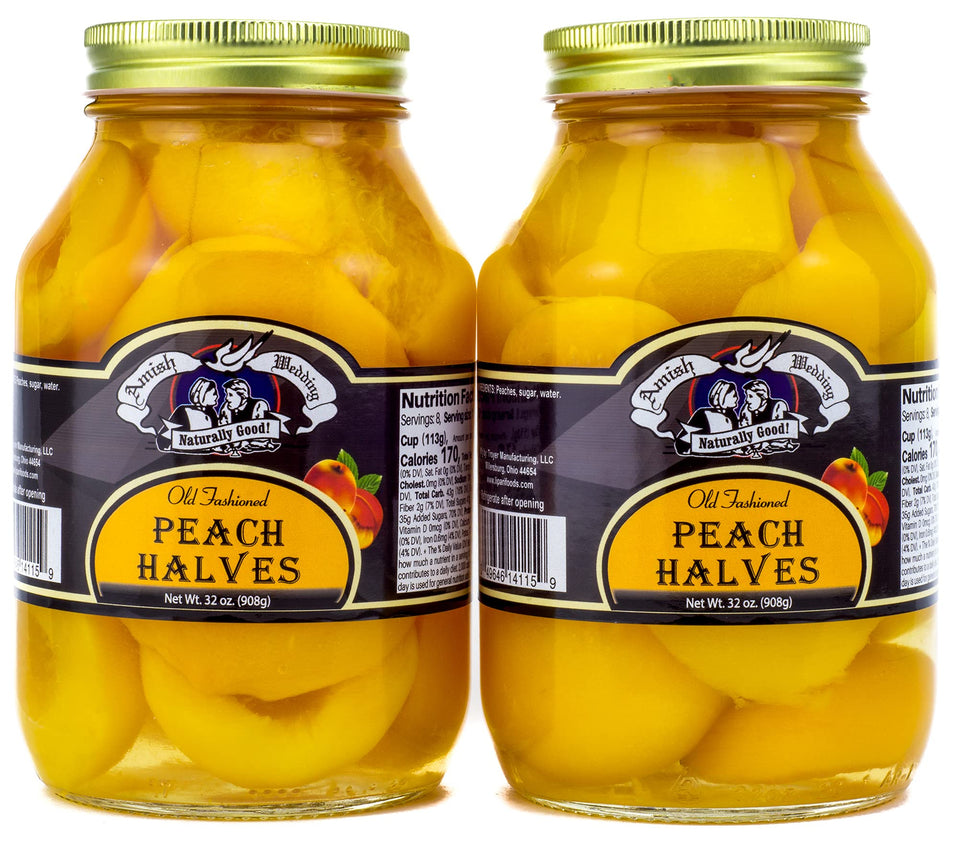 Amish Wedding peach halves in a jar, close-up showing golden, tender fruit in syrup.