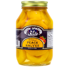 Amish Wedding peach halves in a jar, side view highlighting generous fruit portions.