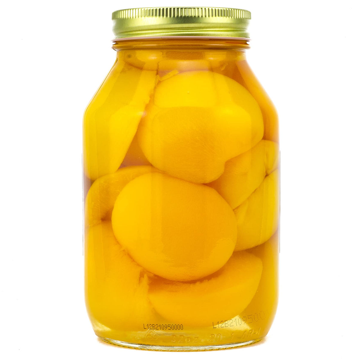 Amish Wedding label detail on peach halves jar.