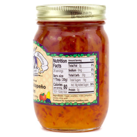 Amish Wedding Peach Jalapeno Jam 18oz pack2 label closeup highlighting ingredients.