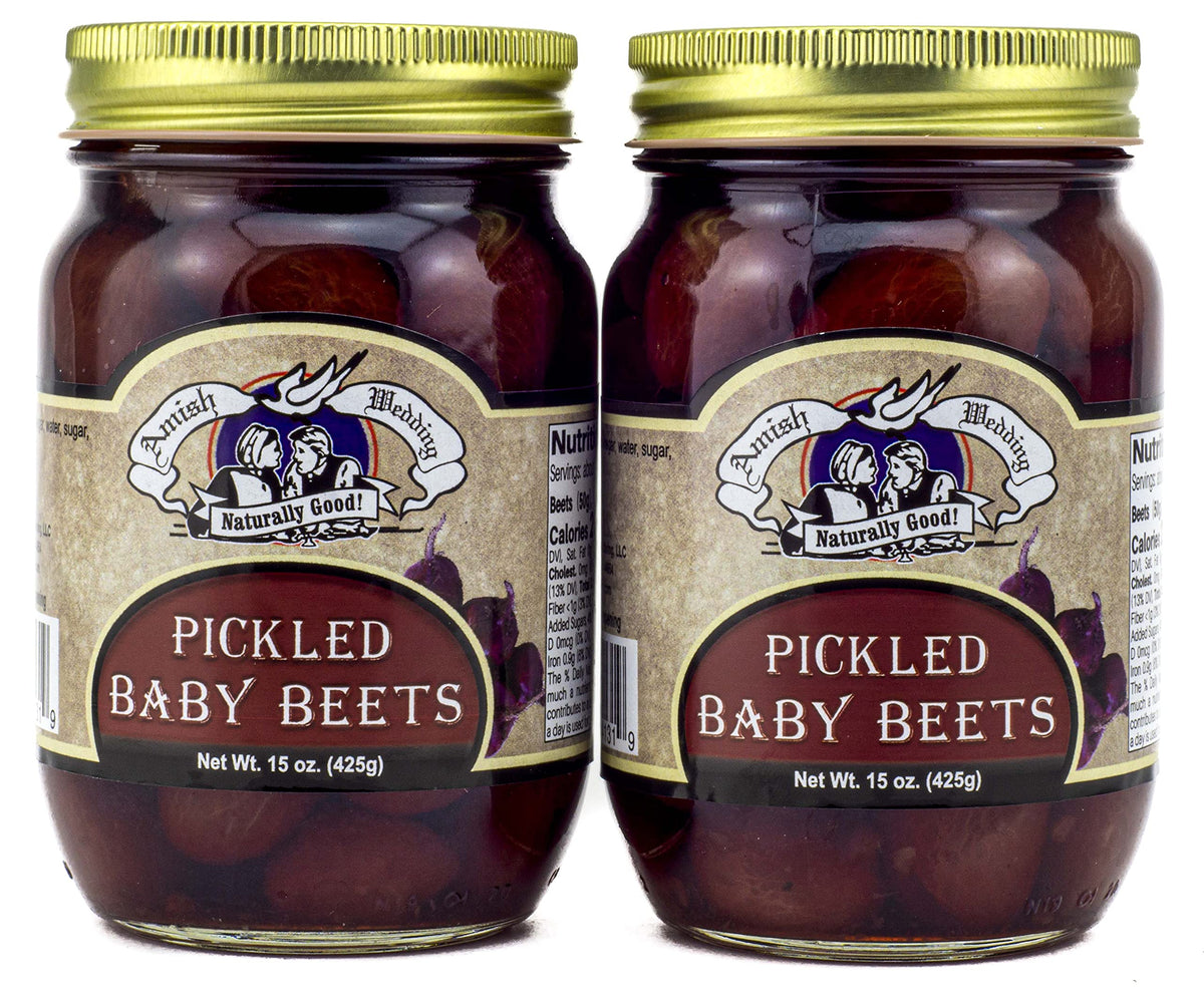 Amish Wedding pickled baby beets in a jar, vibrant color ideal for salads.