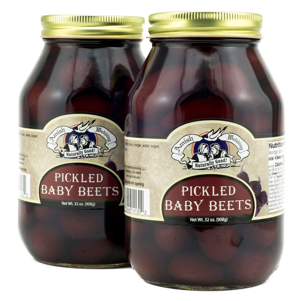 Amish Wedding pickled baby beets jar label close-up highlighting natural ingredients