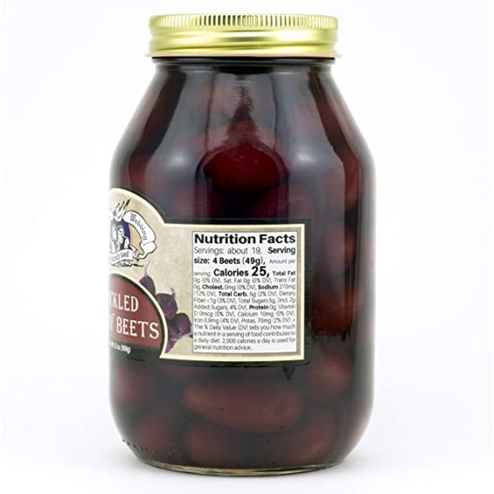 Amish Wedding Pickled Baby Beets jar side view in glass packaging.