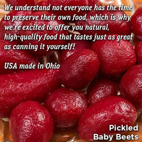 Amish Wedding Pickled Baby Beets label close-up highlights ingredients and flavor notes.