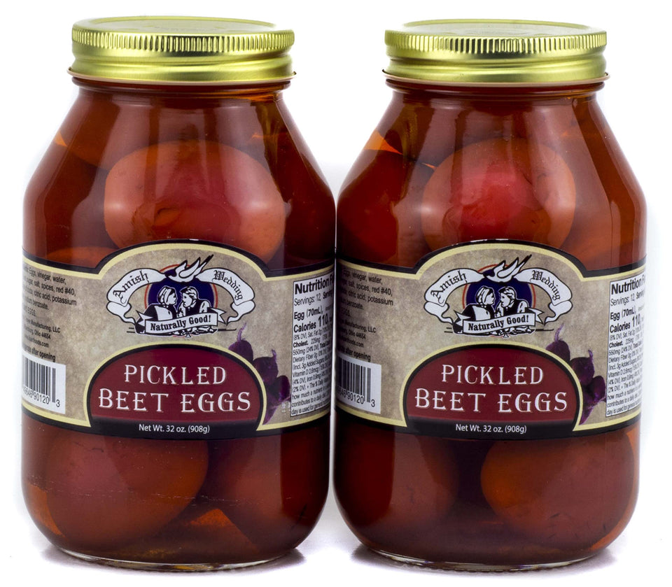 Amish Wedding Pickled Beet Eggs in a 32 oz jar, ideal for snacks and parties.