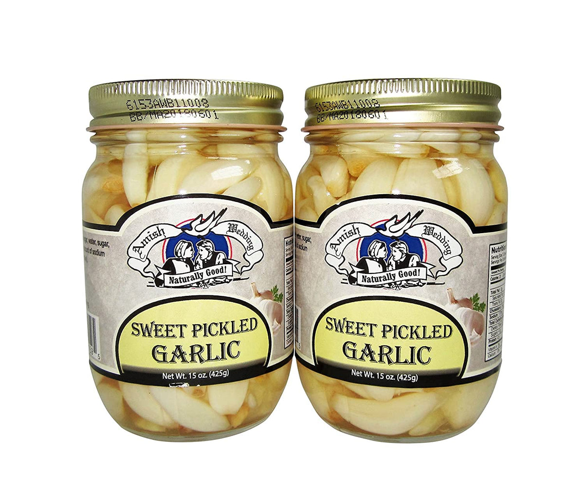 Amish Wedding Pickled Garlic jars front view highlighting a ready-to-use savory-sweet flavor