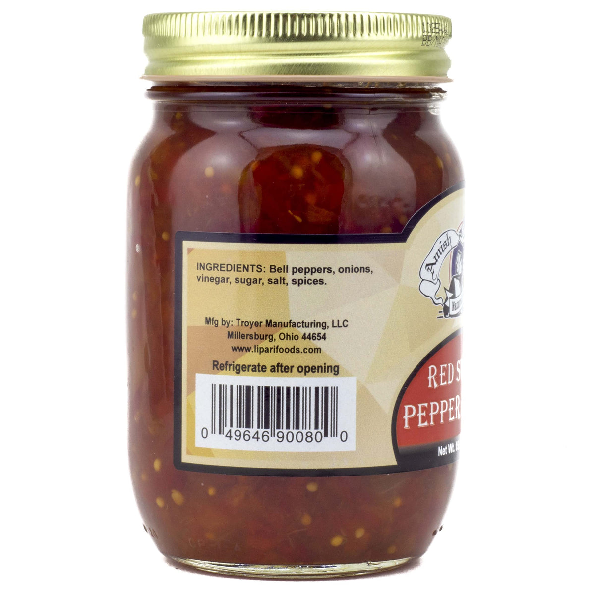 Amish Wedding Red Sweet Pepper Relish bottle on shelf adds color
