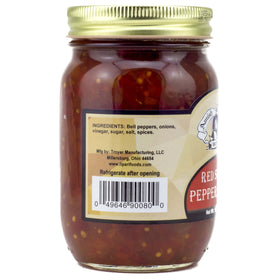Amish Wedding Red Sweet Pepper Relish bottle on shelf adds color