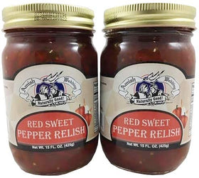 Amish Wedding Red Sweet Pepper Relish jar close-up shows vibrant peppers for flavorful snacking