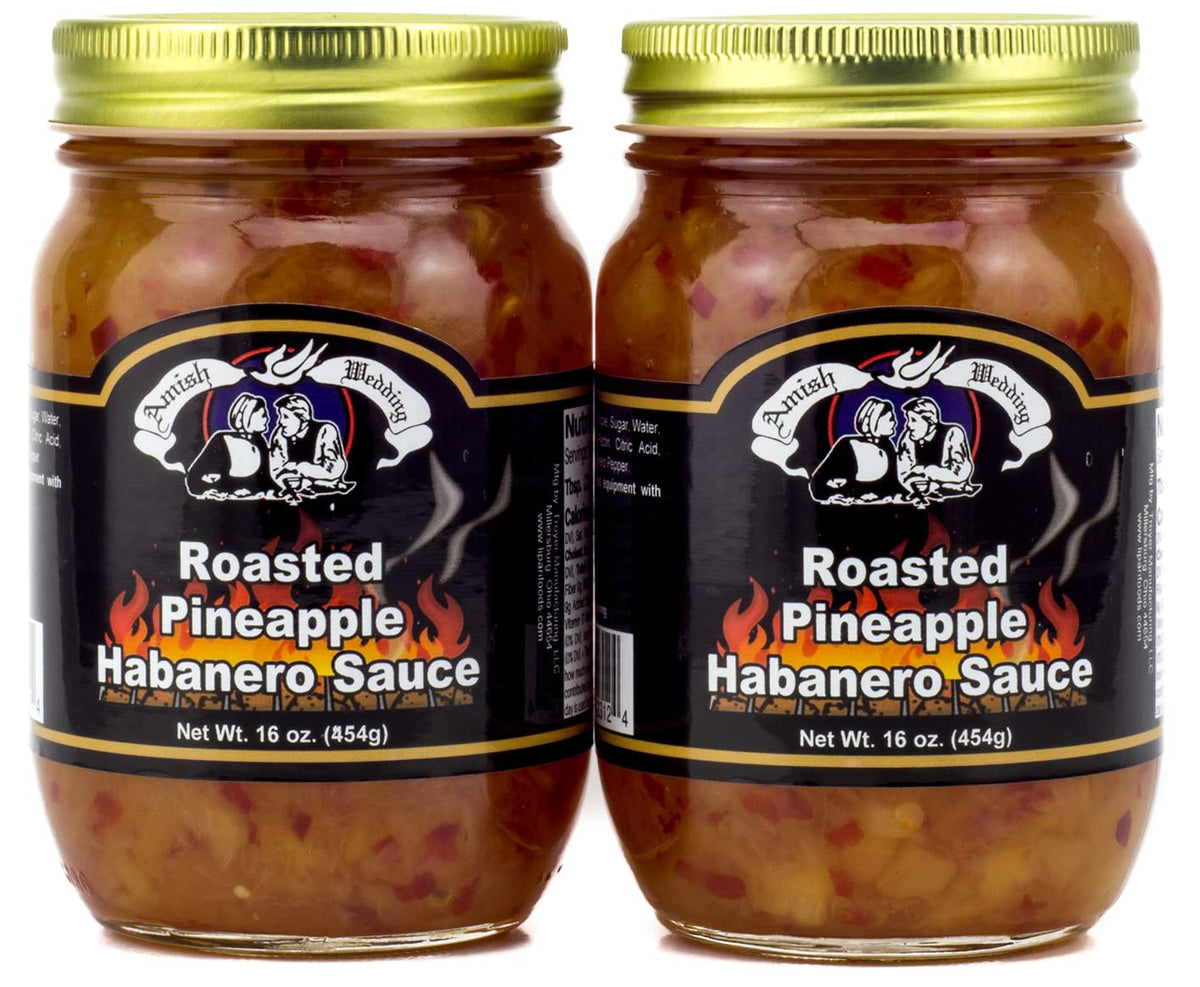 Amish Wedding Roasted Pineapple Habanero Sauce jar front, ideal glaze for chicken.