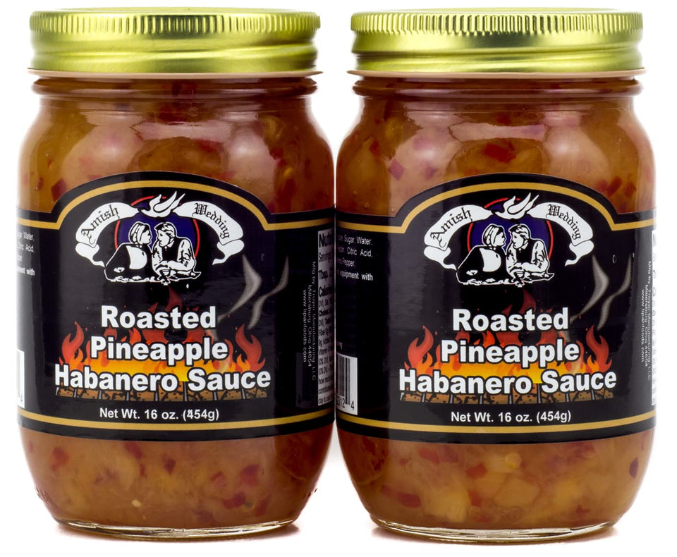 Amish Wedding Roasted Pineapple Habanero Sauce jar front, ideal glaze for chicken.