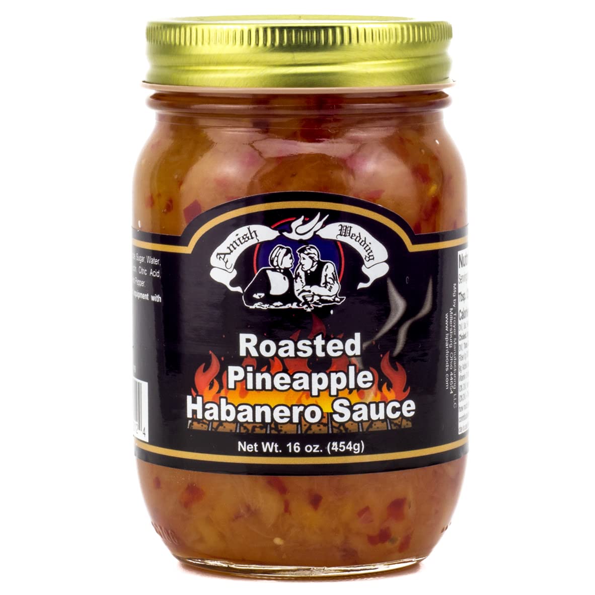 Amish Wedding Roasted Pineapple Habanero Sauce jar side, vibrant heat with sweet notes.