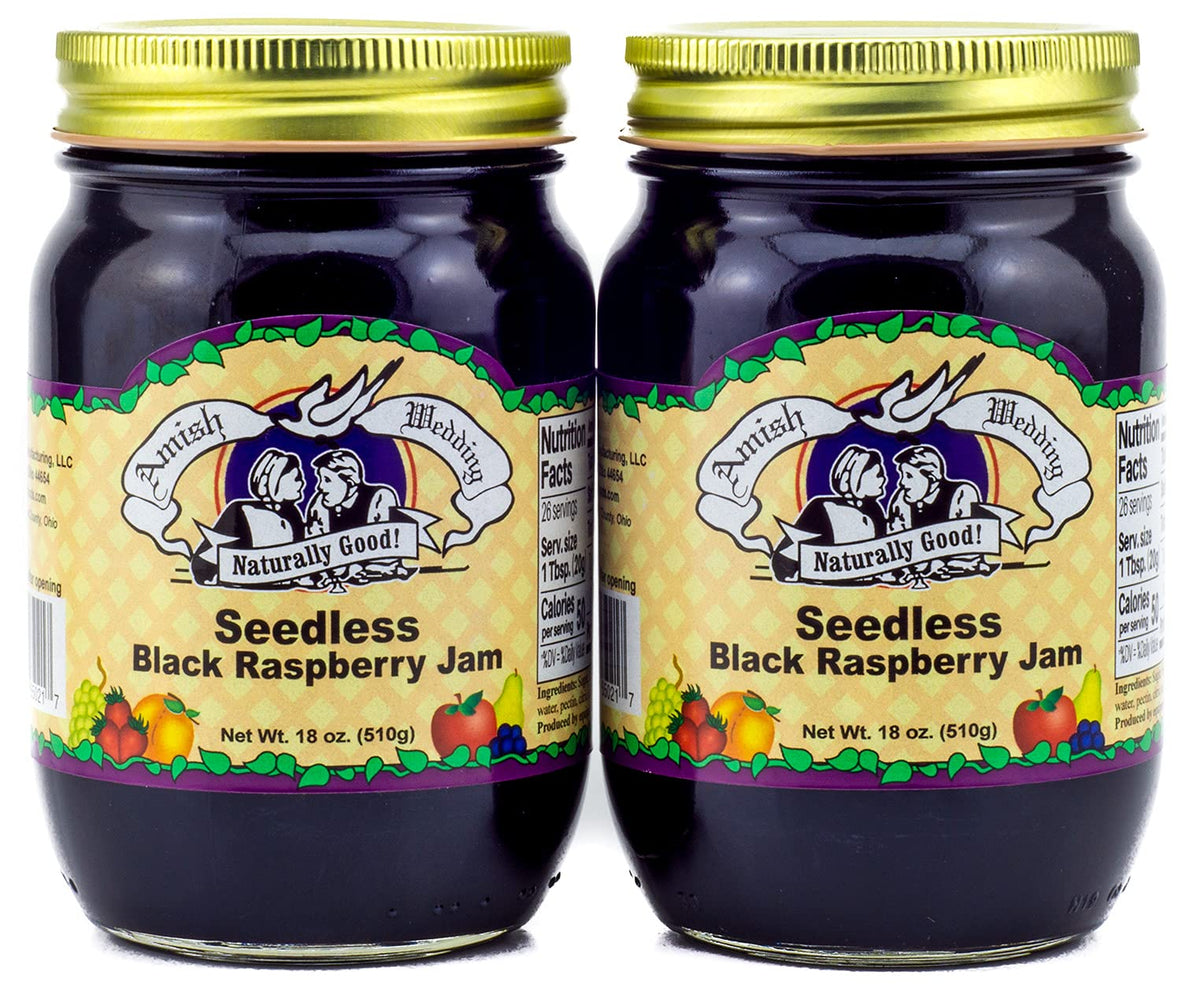 Amish Wedding seedless black raspberry jam jar, ideal for toast and pastries.