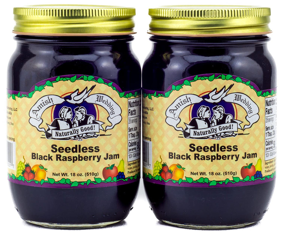 Amish Wedding seedless black raspberry jam jar, ideal for toast and pastries.