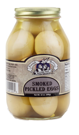 Amish Wedding smoked pickled eggs in a glass jar on a store shelf, ready for quick snacking