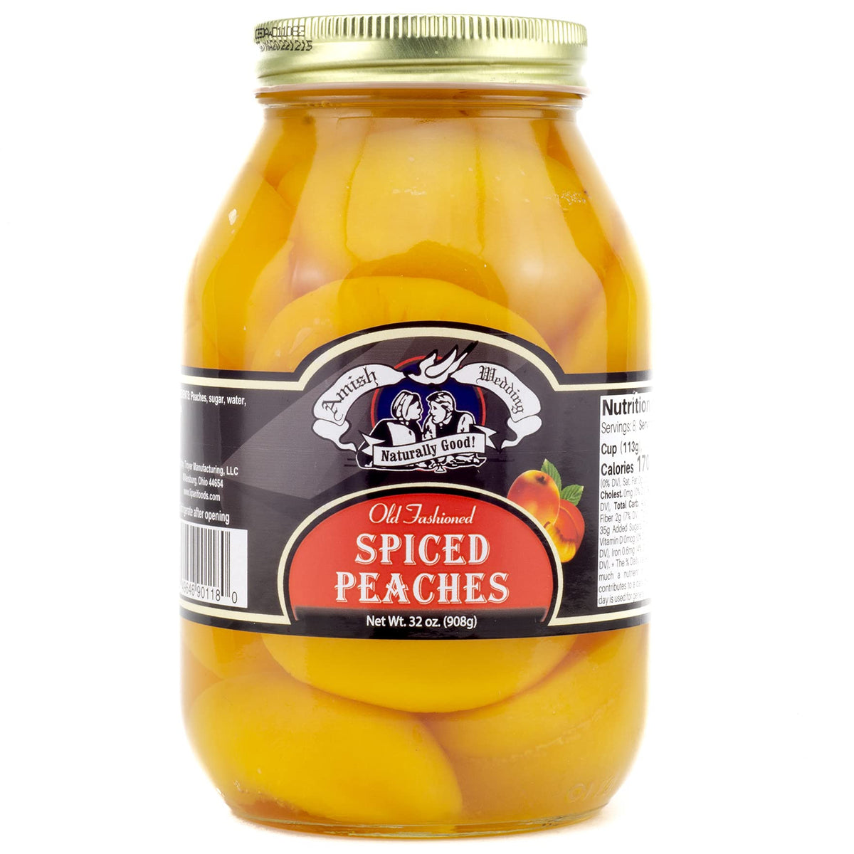 Amish Wedding peach halves jar side view, convenient preservative-free snack option.