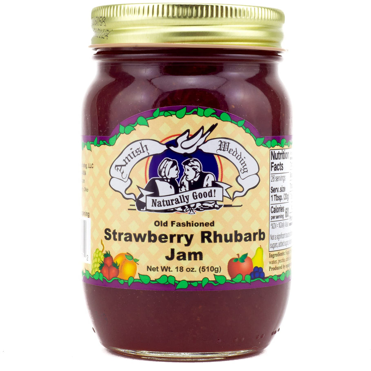 Amish Wedding strawberry rhubarb jam two-pack shown for convenient gifting and pantry stocking.
