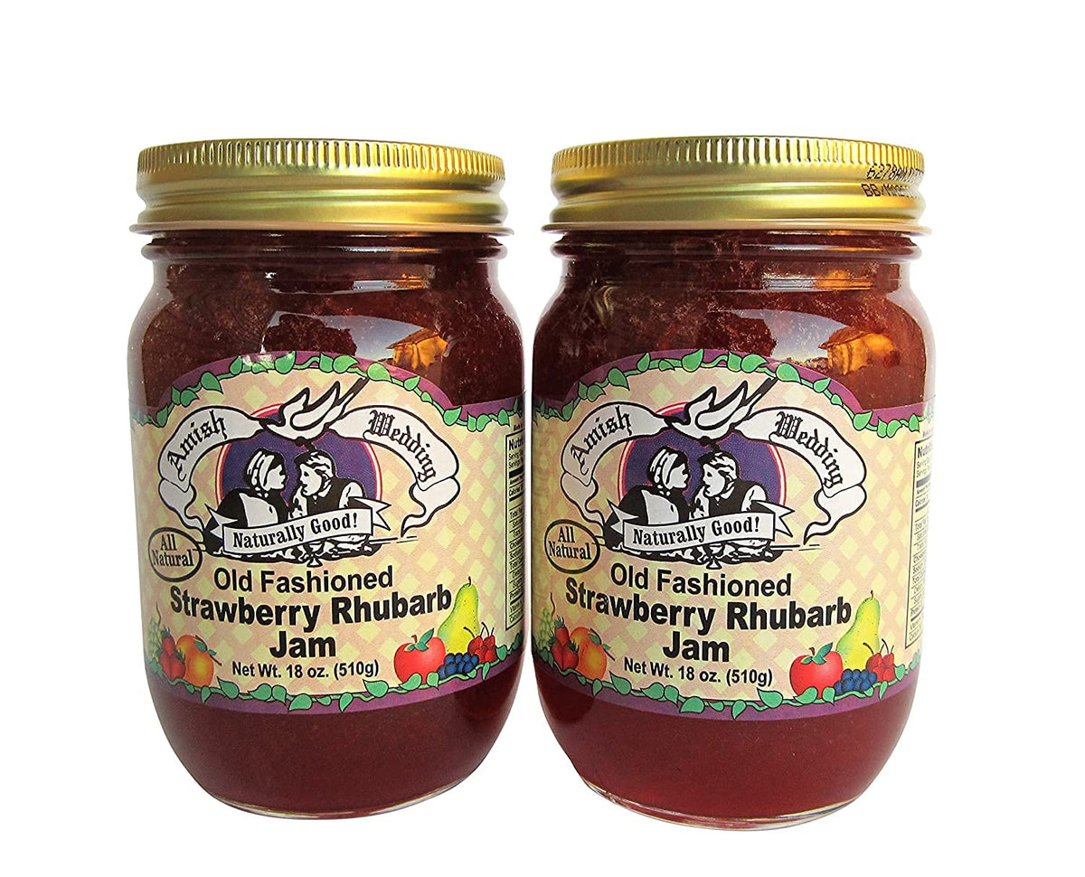 Amish Wedding strawberry rhubarb jam jar front highlighting rich fruit flavor for breakfast.