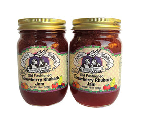 Amish Wedding strawberry rhubarb jam jar front highlighting rich fruit flavor for breakfast.