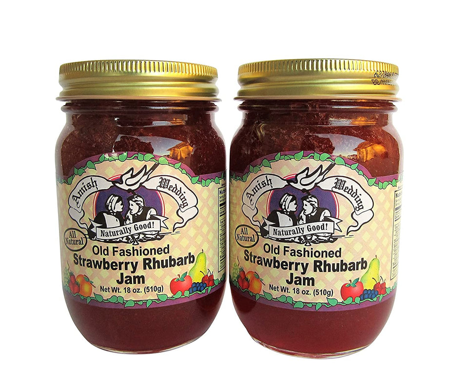 Amish Wedding strawberry rhubarb jam jar front highlighting rich fruit flavor for breakfast.