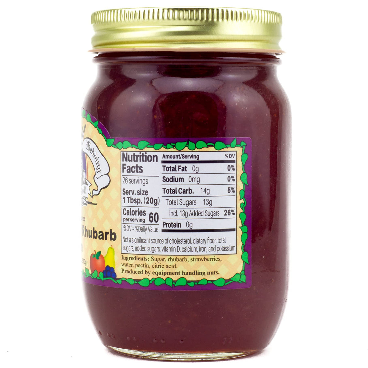 Amish Wedding jam label close-up notes natural ingredients and no artificial colors.