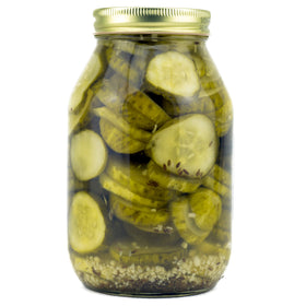 Amish Wedding Sweet Garlic Dill Pickles USA-made in Ohio, glass jars.