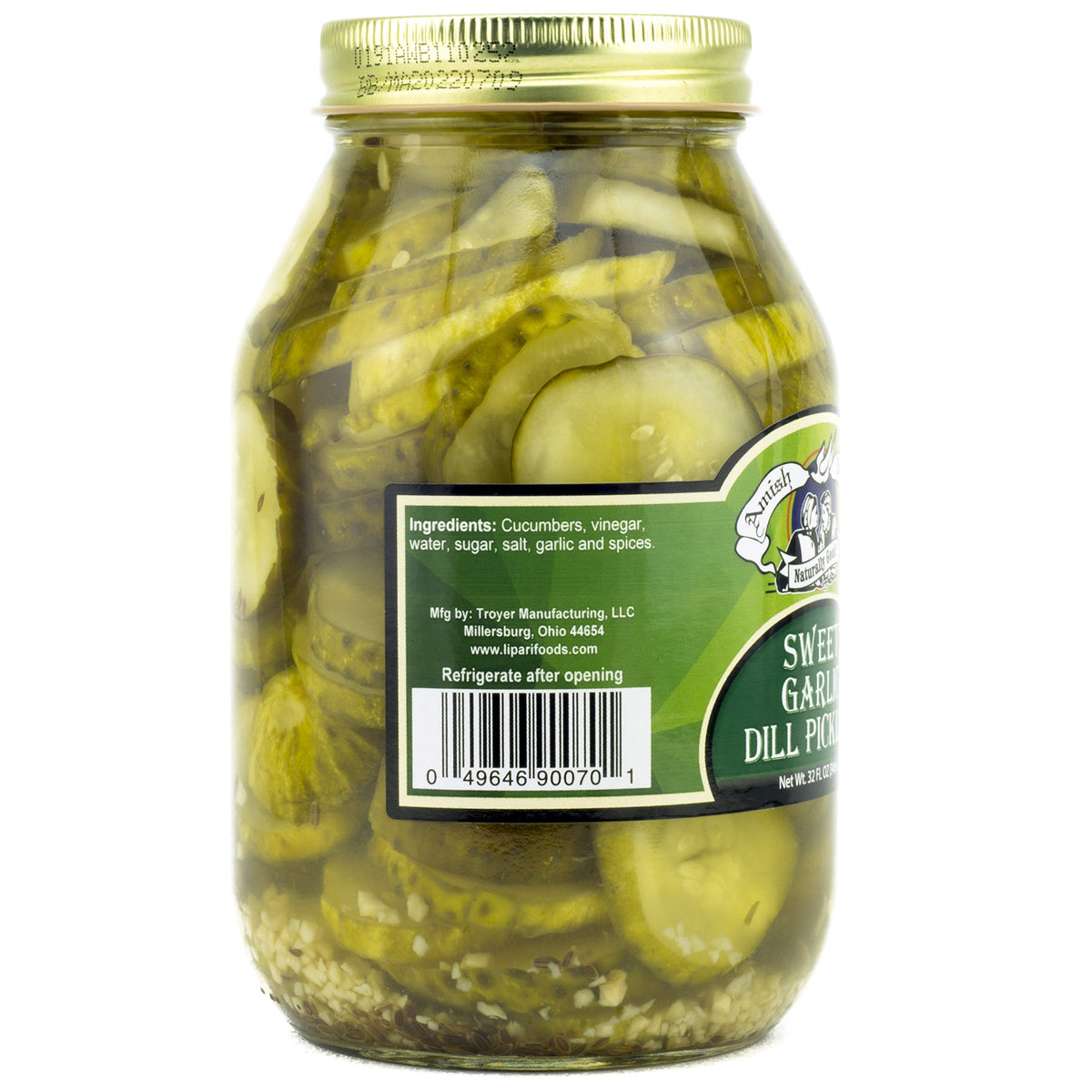 Close-up of Amish Wedding Sweet Garlic Dill Pickles showing tangy sweetness and garlic notes.