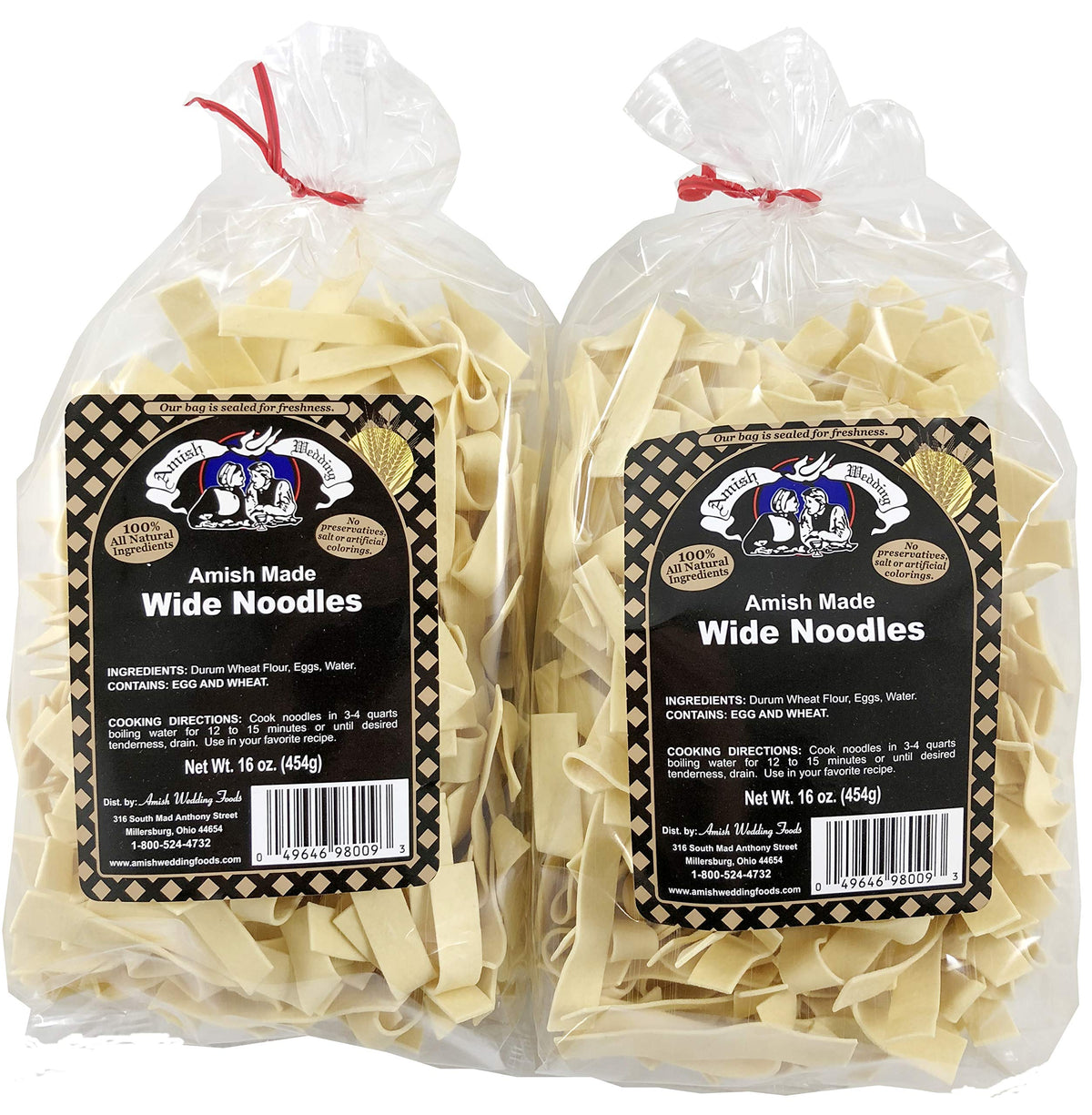 Amish Wedding wide noodles pack two, durum wheat and eggs, ideal for hearty meals.