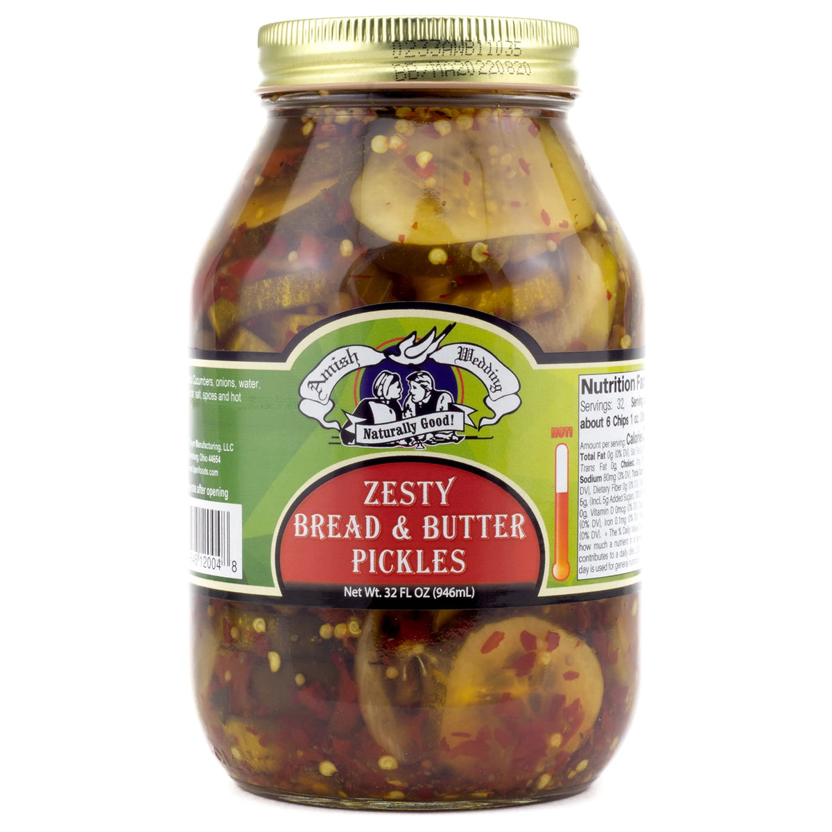 Amish Wedding Zesty Bread N Butter Pickles in a 32 oz jar add tangy crunch to sandwiches.