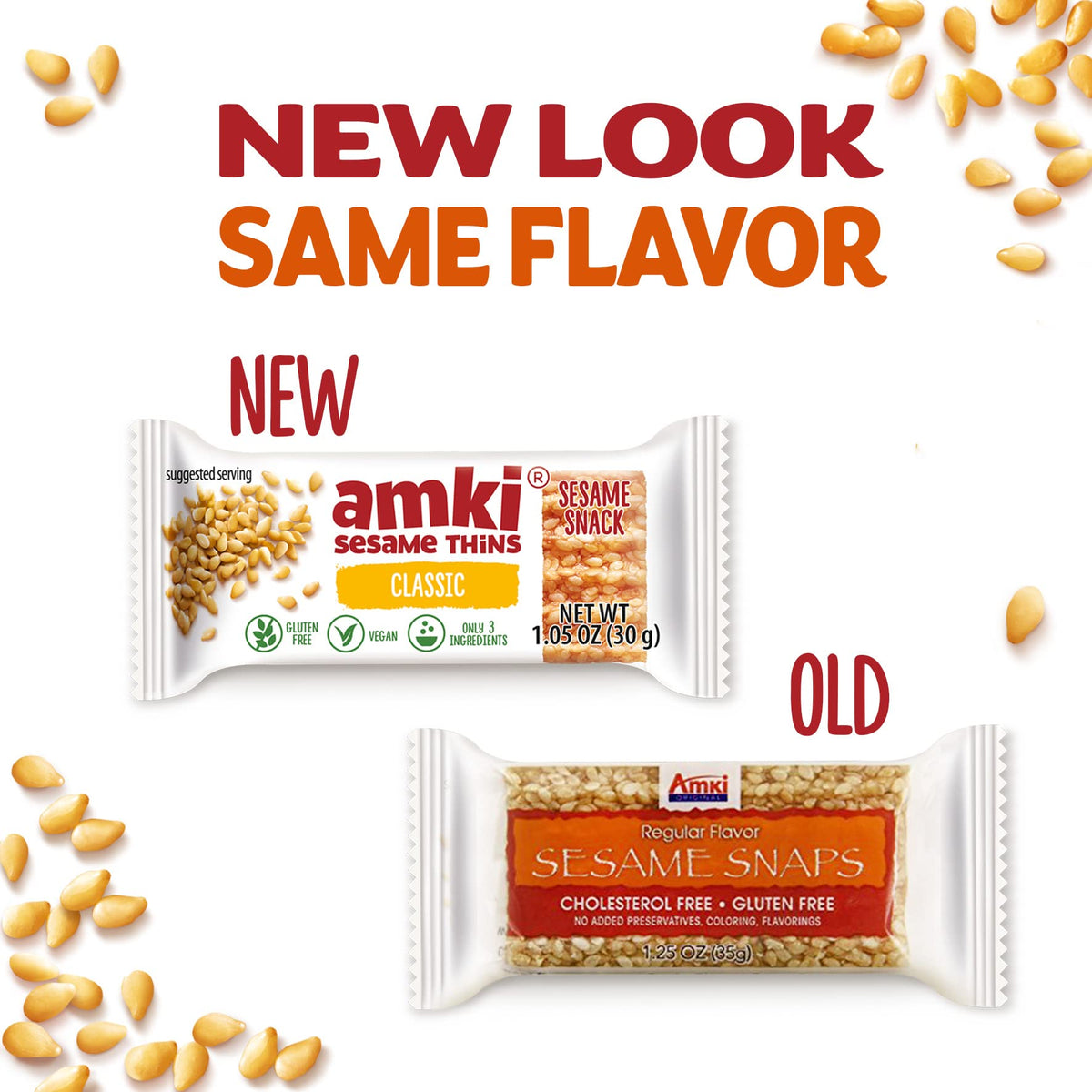 Close-up of Amki Sesame Thins Classic showing crisp sesame snaps.