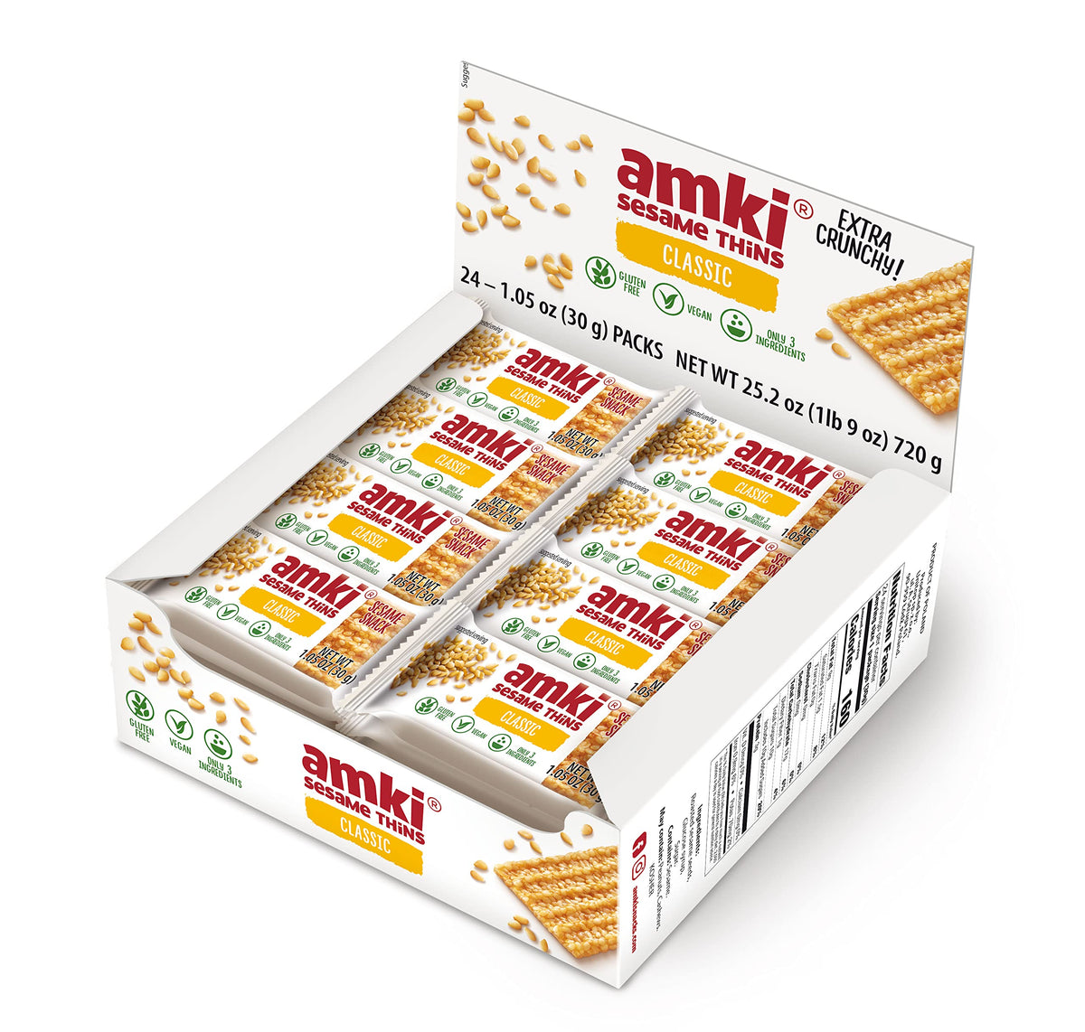 Amki Sesame Thins Classic, crunchy texture ideal for quick snacking.
