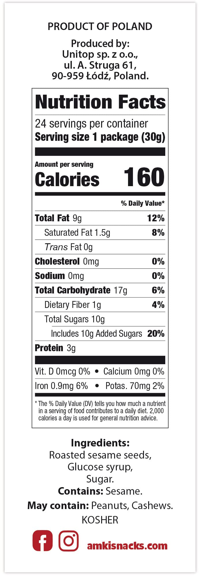 Ingredients label view: Amki Sesame Thins Classic with no added preservatives.