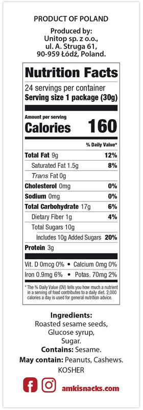 Ingredients label view: Amki Sesame Thins Classic with no added preservatives.