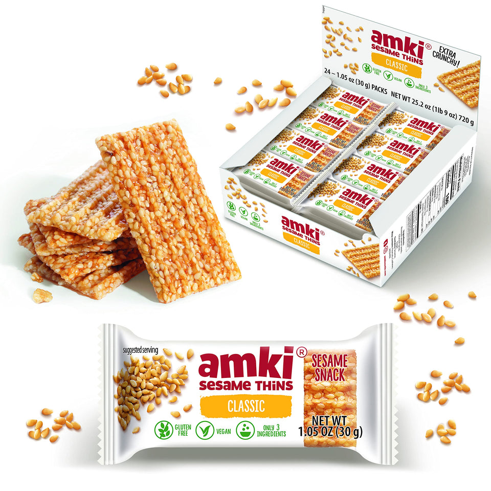 Amki Sesame Thins Classic box front highlighting gluten-free vegan sesame snacks.