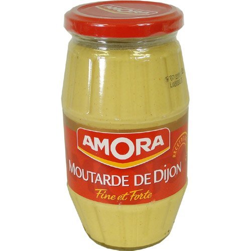 Amora Dijon mustard jar with red lid, ideal for vinaigrettes and meat seasoning.
