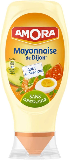 Amora Dijon mayonnaise bottle pour showing creamy texture for sandwiches and dips