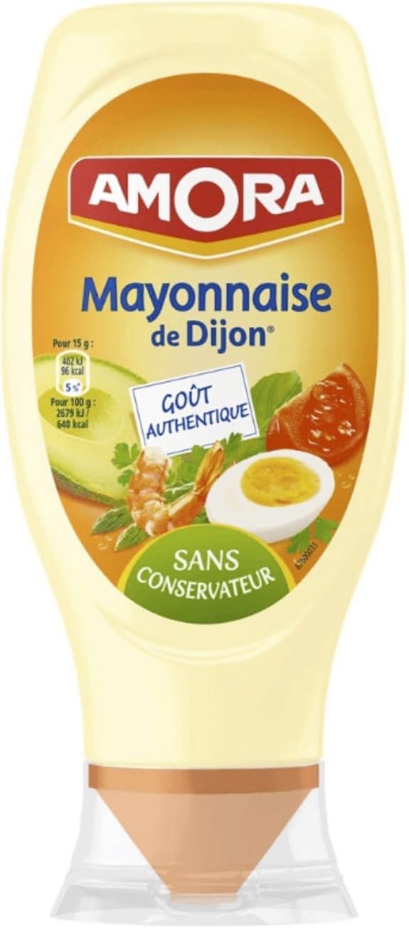 Amora Dijon mayonnaise bottle pour showing creamy texture for sandwiches and dips