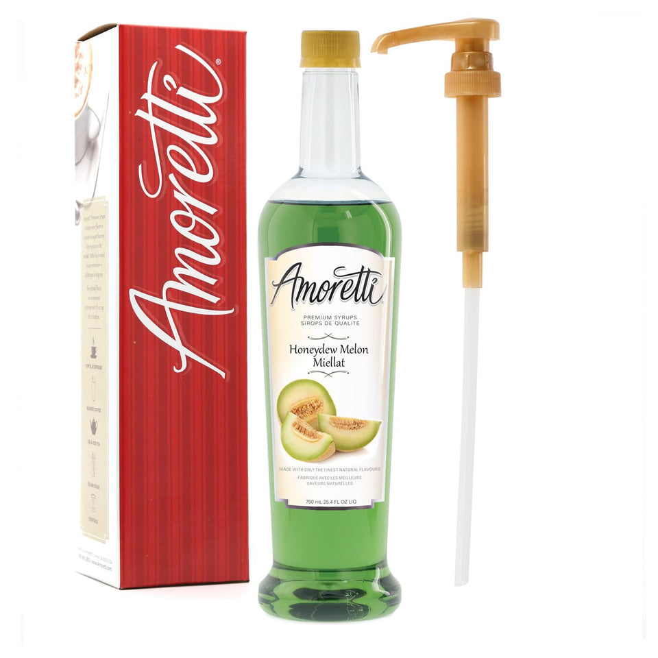 Amoretti Honeydew Syrup bottle front, naturally flavored for coffee or cocktails.