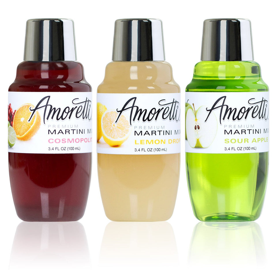 Amoretti Premium Martini Mix Cosmopolitan bottle pour, enriching home cocktails with bold flavor.