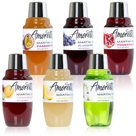 Amoretti Premium Martini Mix Minis bottle pouring for quick cocktails.